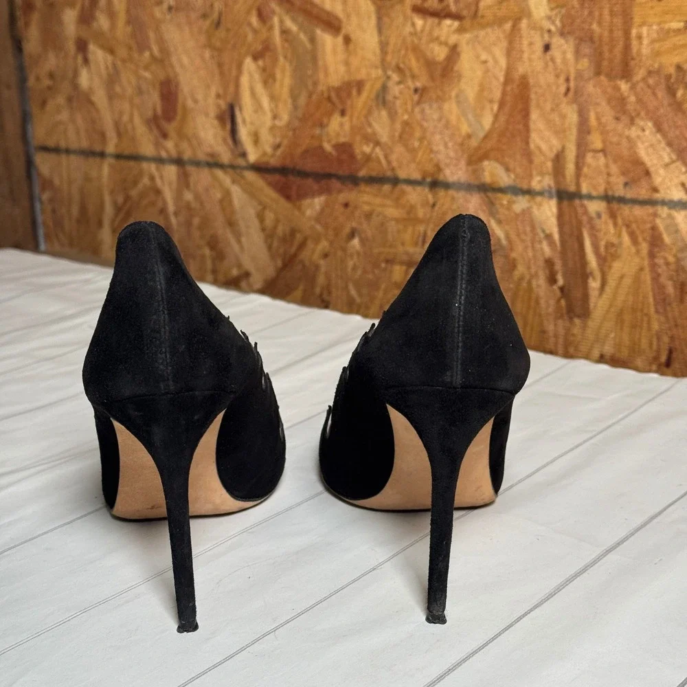 Brian Atwood Designer Flame Cutout Heels Black Suede Leather Luxury Edgy‎ Diva 7